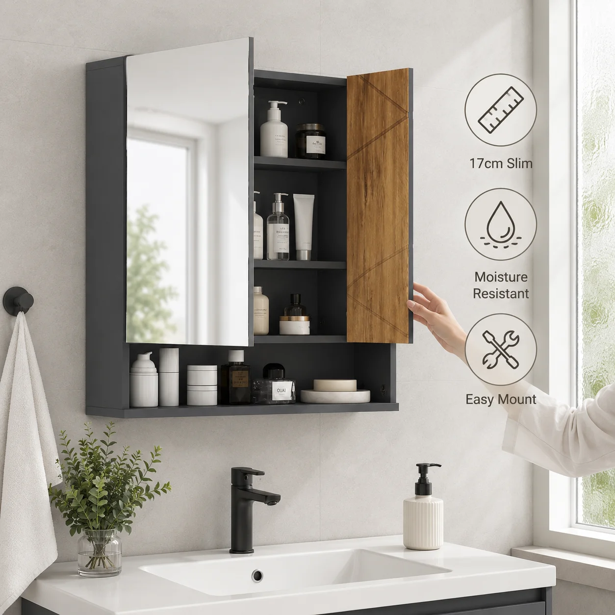 Verspiegelter Wandschrank mit 2 Türen, 55 x 17 x 55 cm, Badezimmerschrank mit Spiegel, Wandmontierter Holz-Medizinschrank, Grau und Dunkelgrau, für Badezimmerorganisation und Toilettenartikel
