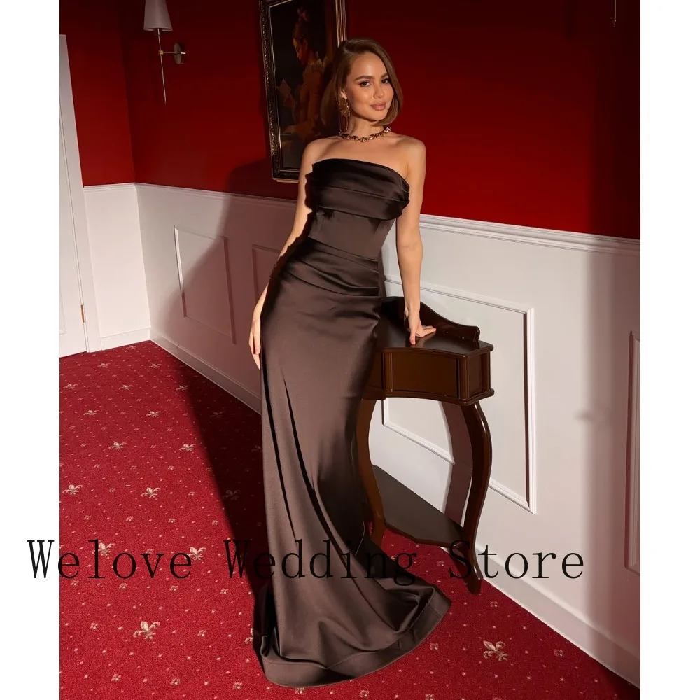 

Customized Brown Strapless Satin Mermaid Formal Dress Floor Length Evening Gown for Prom Cocktail Party and Wedding Guest