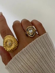 Peri'sbox Tarnish Free 18K Gold Plated Metal Textured Opening Rings Sparkling Rhinestone Zircon Wedding Party Jewelry for Women