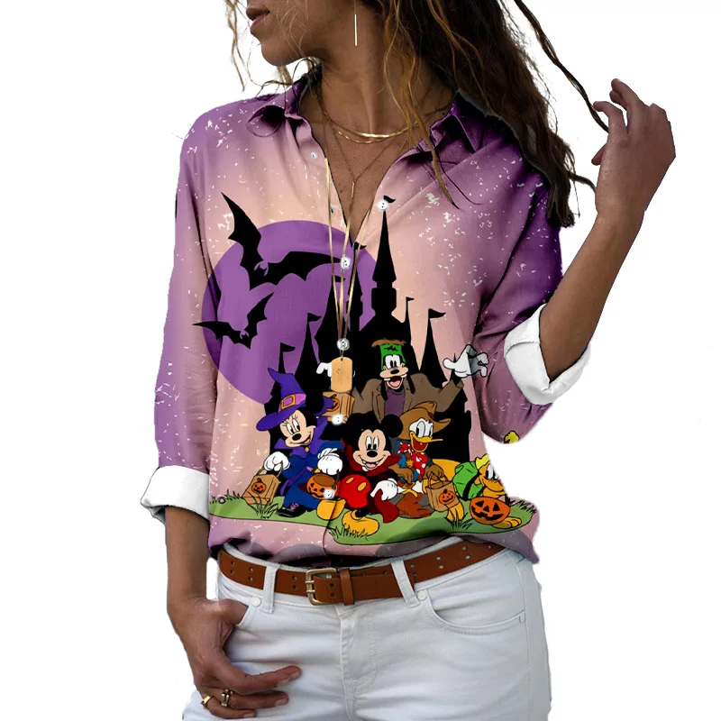 Camisa feminina de lapela de manga comprida, camisa Harajuku fofa, Mickey Minnie, impressão padrão Halloween, moda de rua casual, Y2K, novo, outono