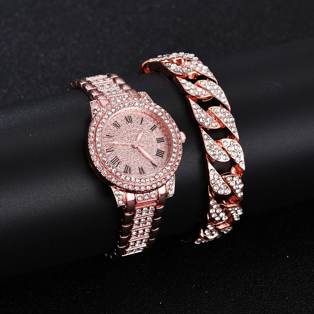 2 stks Luxe Vrouwen Diamanten Horloges Hip Hop Armband Dames Quartz Horloge Rose Goud Dames Horloge Glanzend Kristal Reloj Mujer