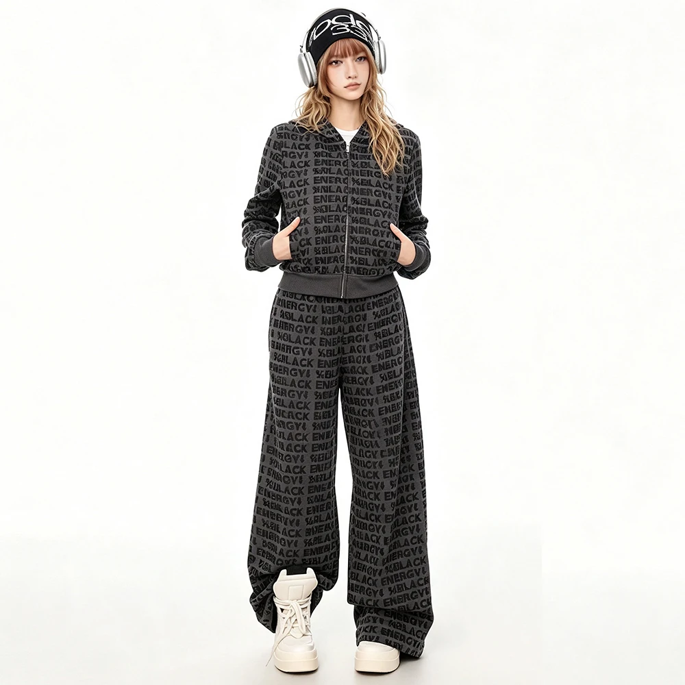 Vintage All-Over Letters Hoodie Sweatpants Two-Piece Set American Retro Casual Track Suit Unisex Oversized Streetwear Sweatsuit