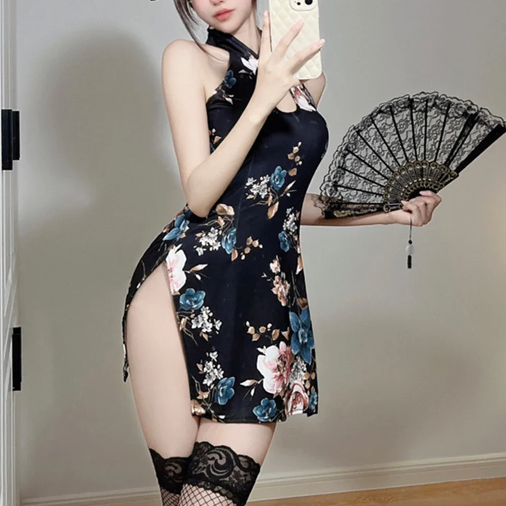 

Сексуальное и забавное нижнее белье высокого класса с разрезом без рукавов и принтом Ципао для ночного клуба, обтягивающая униформа, искушение, женская одежда, комплект для ролевых игр