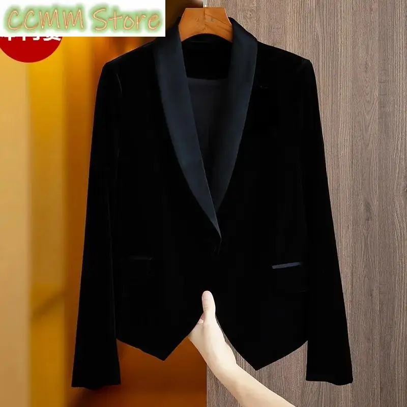 

New High Class Temperament Versatile Large Black Velvet Jacket Short Blazer Women's Suit Jackets Spring And Autumn Outwear