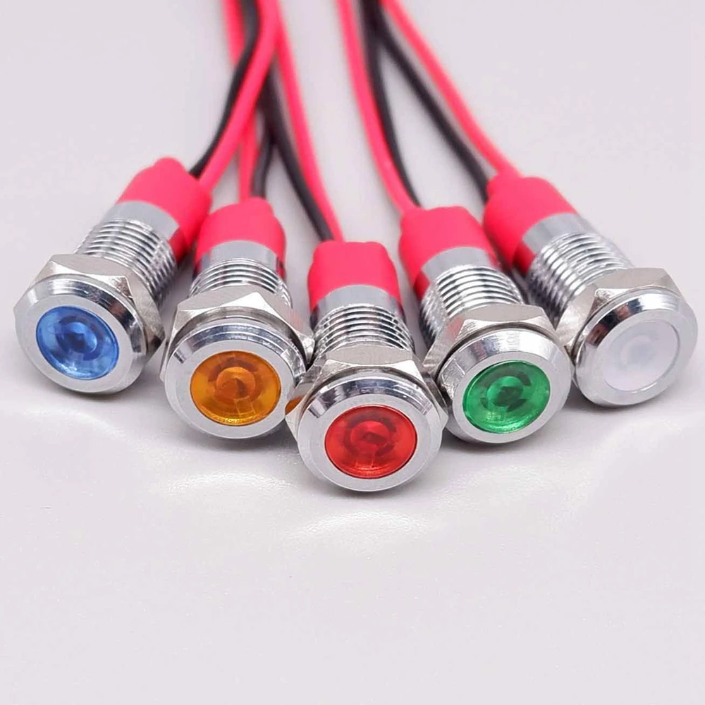 8mm Metal Power Supply Indicator Lamp LED Signal Light with wire 3v 6v 12v 24v 110v 220v Red Orange Green Blue White