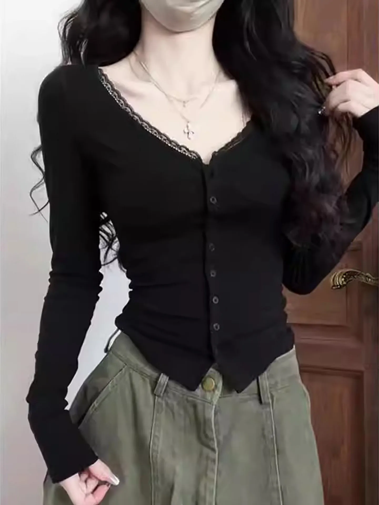 

Sexy Pure Desire V-Neck Long Sleeve Base Shirt T-Shirt Women's Autumn Winter New Unique Beautiful Spicy Girl Slim Fit Small Top
