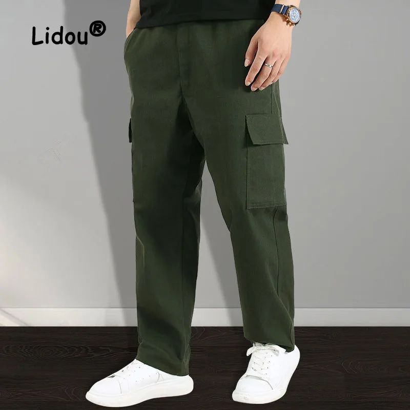 

Youth Solid Color Large Pocket Men's Cargo Pants High-quality Casual Multiple Pockets Loose All-match Male Comfortable Trousers