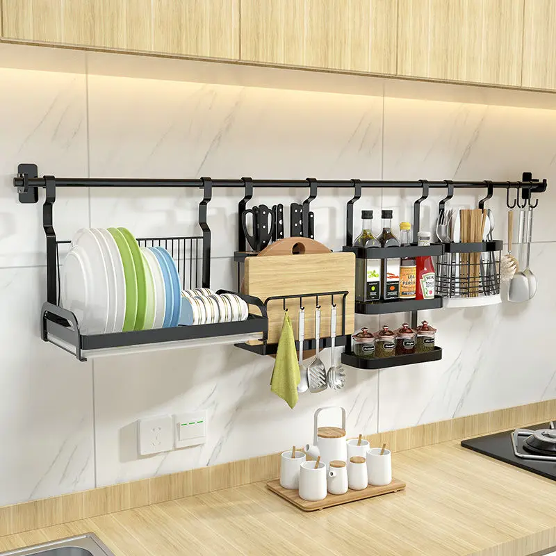 Black kitchen dish storage rack Knife rack Wall pendant set Drain bowl rack Hanger Punch free bowl storage rack