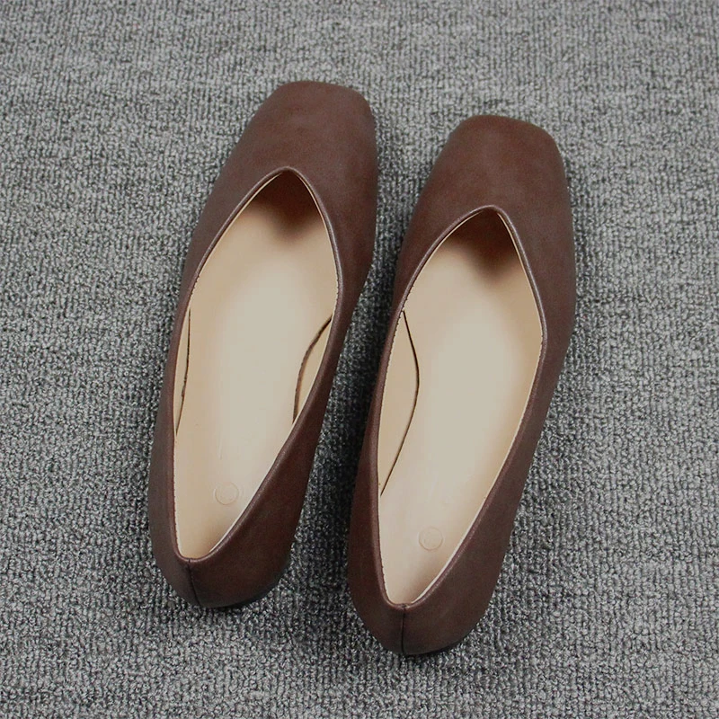 Ladies Square Toe Mujer V Shape Shoes High Quality Smooth Material Plain Slip-on TPR Ballet Flats Brown 44-33 Wide Fitting Softy