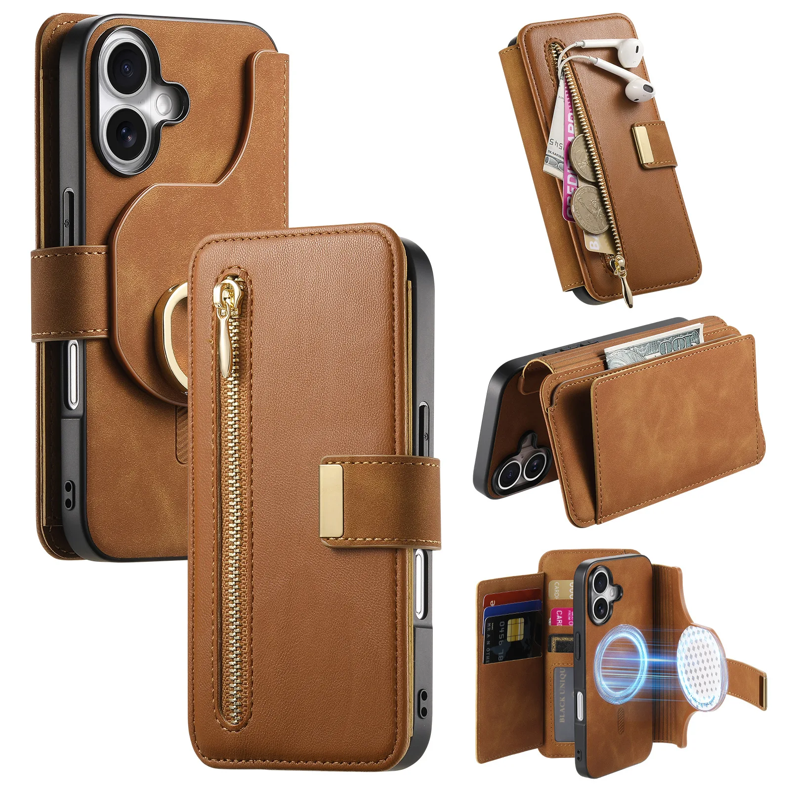 

2 in 1 Zipper Wallet Case For Funda Samsung Galaxy A53 A33 A73 A23 A13 A03 A03s Luxury Multi 6 Cards Leather Finger Ring Cover