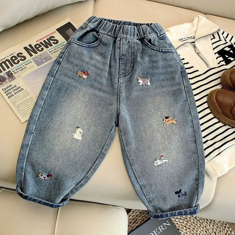 

New Children's Jeans Spring and Autumn Style Cute Animal Pattern Versatile Pants Embroidered Long Pants