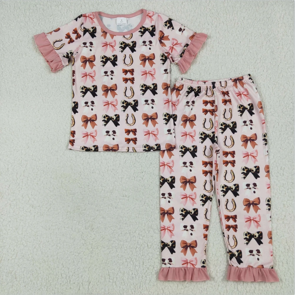 

New Baby Girls Pink Short Ruffle Sleeves Bows Horse Shoes Sleepwear Clothes Sets Boutique Toddler Girls Pajamas Outfit Nightwear