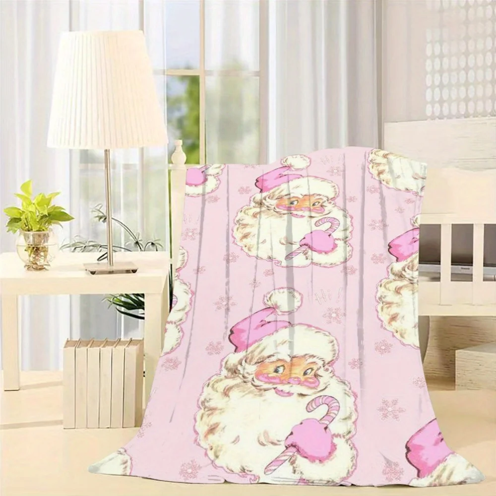 1pc Christmas Style Pink Winter Flannel Fleece Blanket with Digital Santa Print - Contemporary Style, All-Season, 250-300Gsm Pol