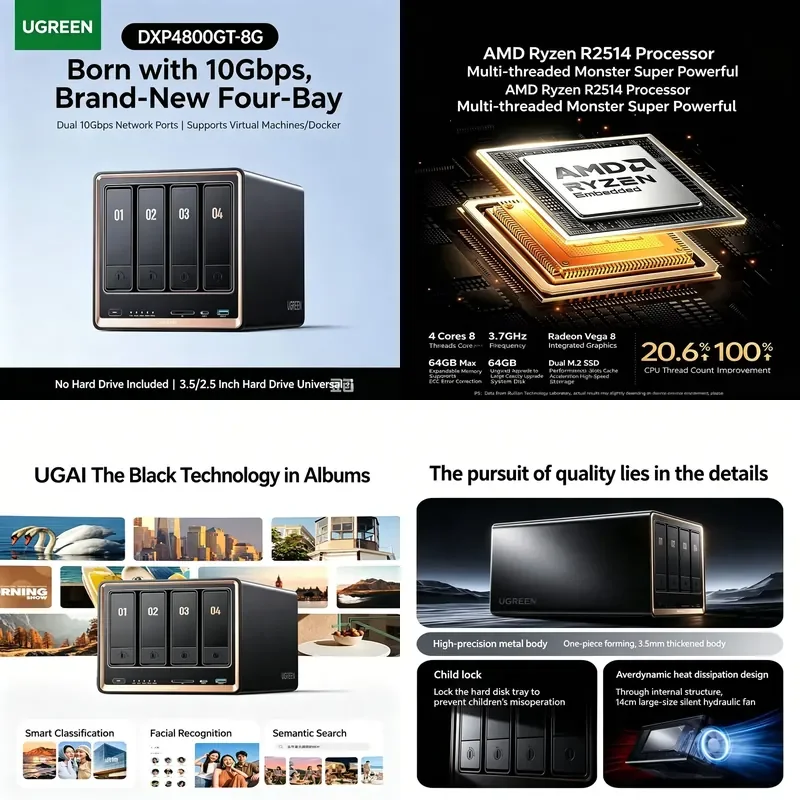 Brand For UGREEN DXP4800 GT 8G/16G 4-Bay NAS, Private Cloud Storage Server, Dual 10G Ports, AI Personal Cloud, Compatible