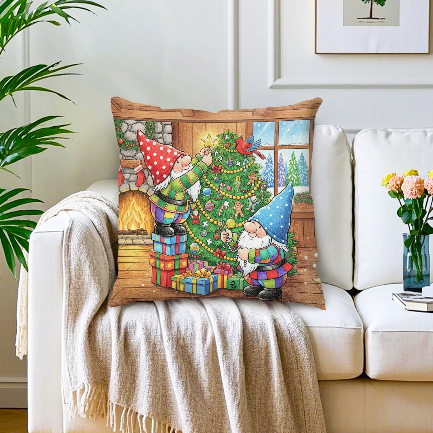 Christmas Gnomes Cushion Cover Linen Xmas Tree Decorations Throw Pillow Case Rustic Farmhouse Decor Accent Couch Sofa Bedroom