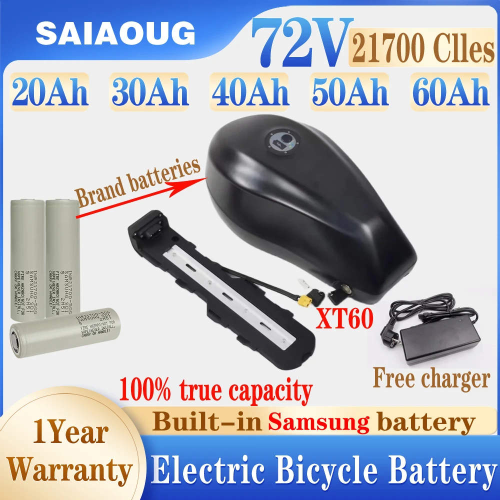 

72v Fuel Tank Batterie 52v 48v E Bike Akku Accu Electric Bicycle 250W-3000w Bafang 20ah 30ah 50ah 60ah 21700 Lithium Battery