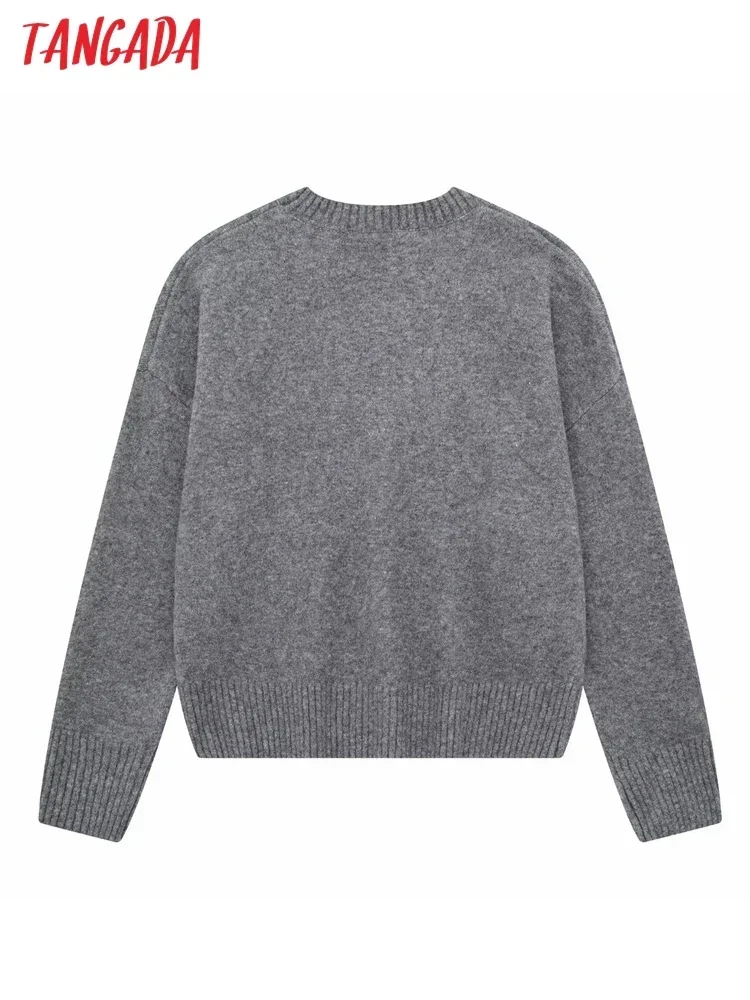 Tangada 2023 Women Gray Oversized Knit Jumper Sweaters Long Sleeve Female Outerwear 3H678