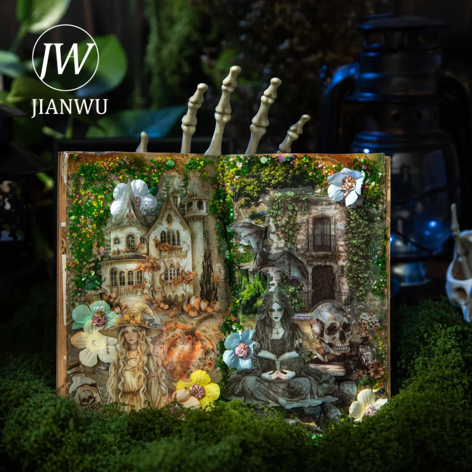 JIANWU Magical Forest Series Vintage Dark Character Flower Material Collage PET Sticker Creative DIY Journal Stationery