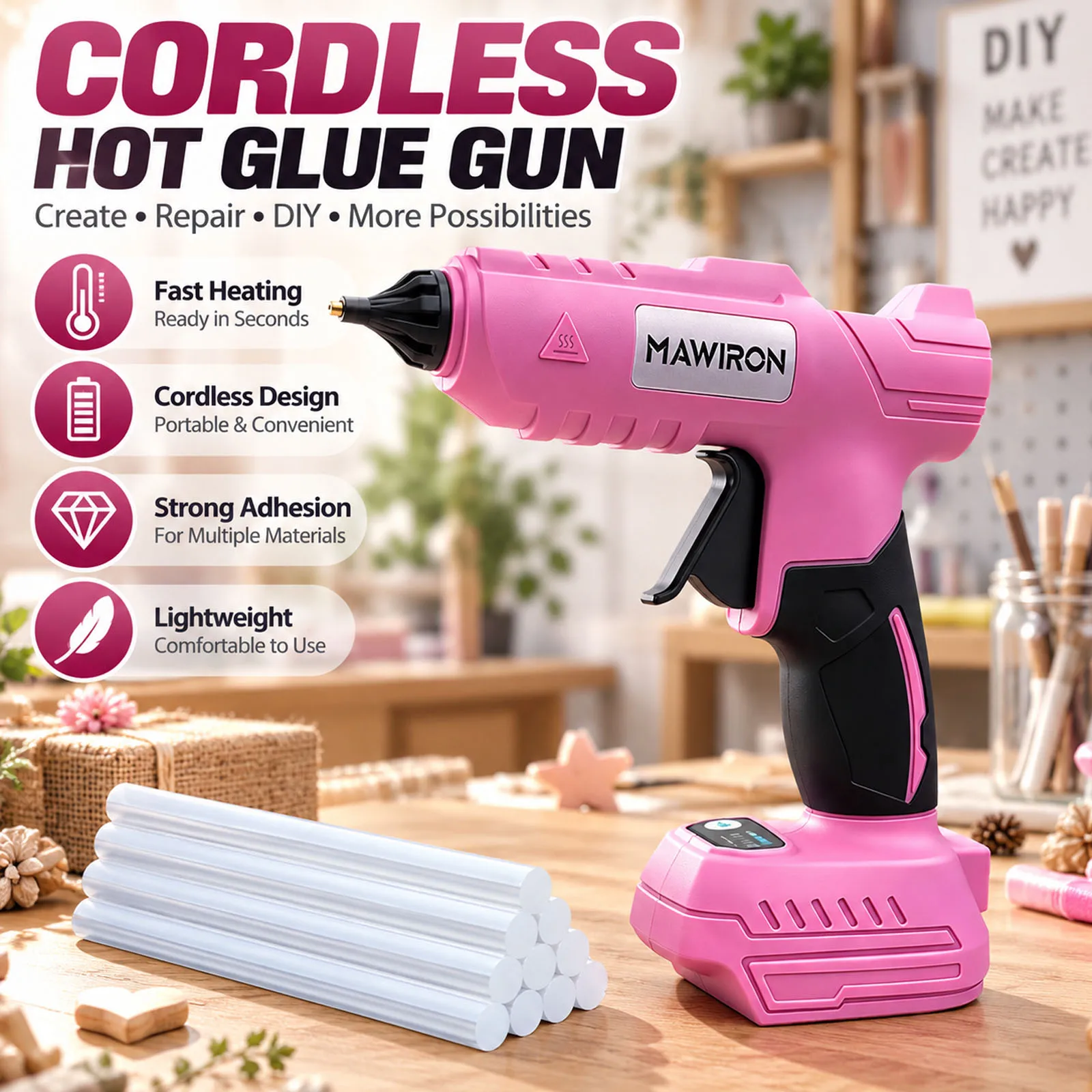 Pistola per colla a caldo senza fili, ricaricabile, alimentata a batteria, con riscaldamento rapido, portatile, ideale per lavori di bricolage, riparazioni e decorazioni domestiche, fornita di