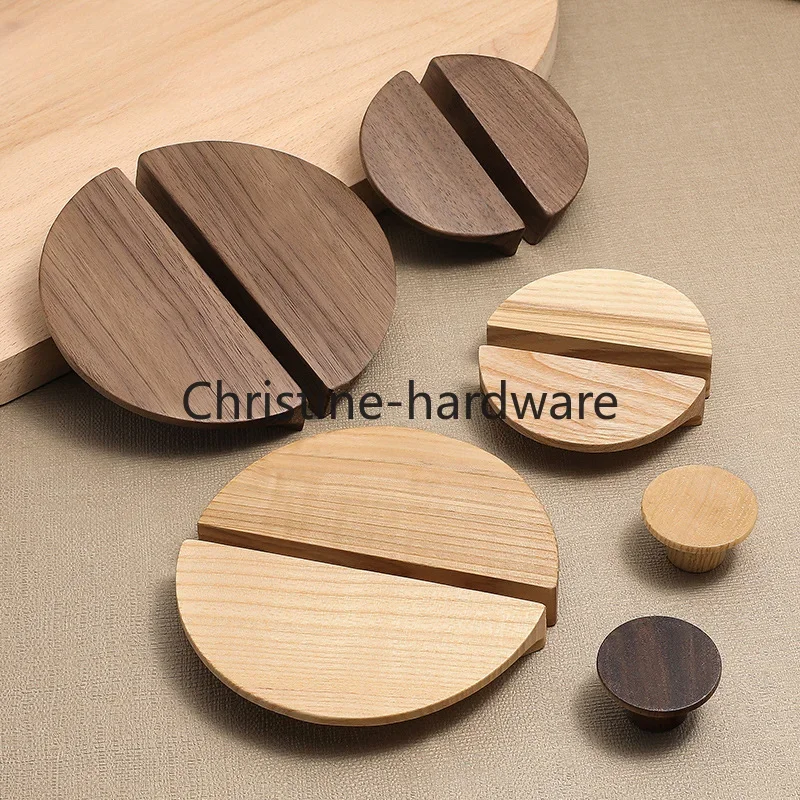 Minimalist Semicircular Wooden Knob Drawer Pulls Natural Walnut Ash Beech Kitchen Cabinet Handles Simple Furniture Hardware