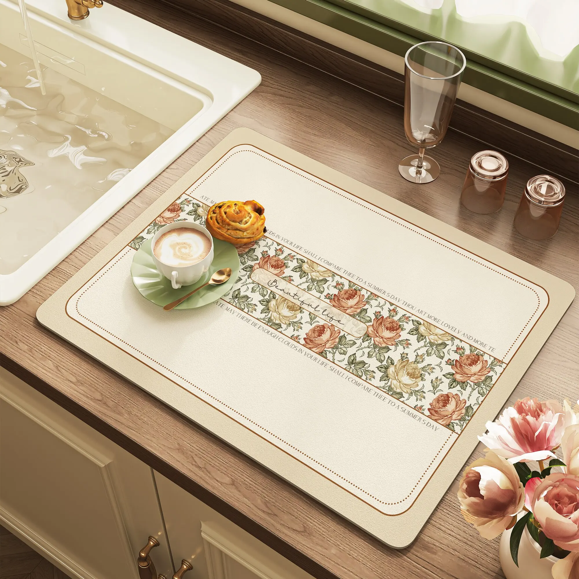 VIKAMA French Retro Rose Drying Mat Floral Frame Non Slip Heat Resistant Pad For Kitchen Sink Coffee Dining Counter Kitchen Mat