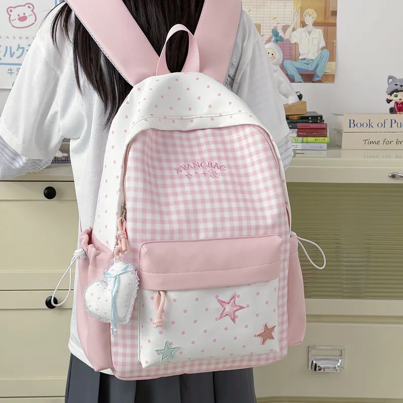 Cute and fresh star-embroidered backpack for girls, elementary school students' casual double-shoulder bag, plaid backpack for j