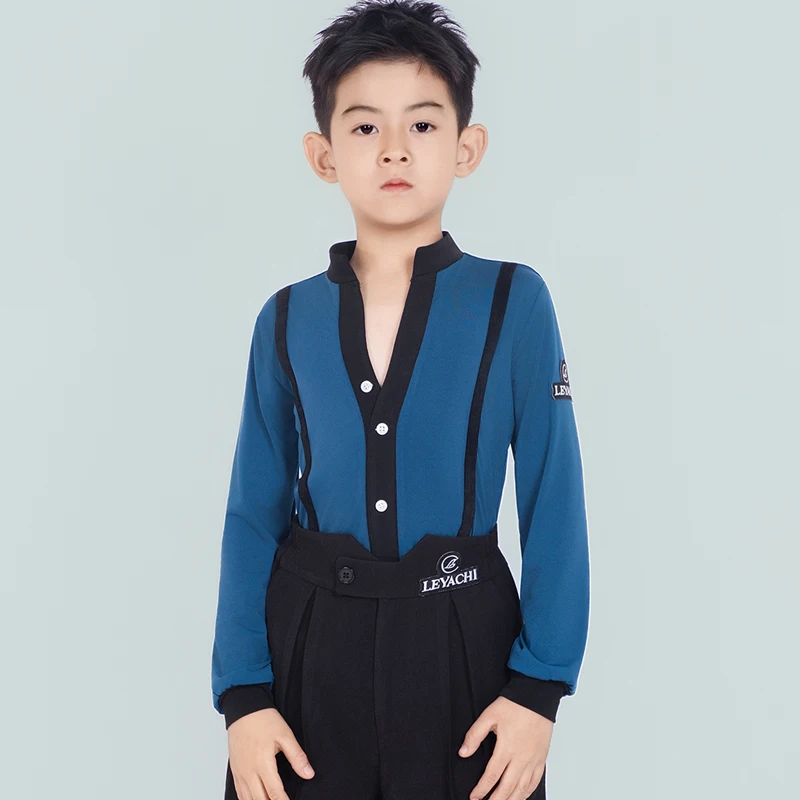 2026 Children Latin Dance Tops For Boys Blue Long Sleeved Shirts Samba Chacha Tango Kids Latin Dance Practice Clothes XH3706