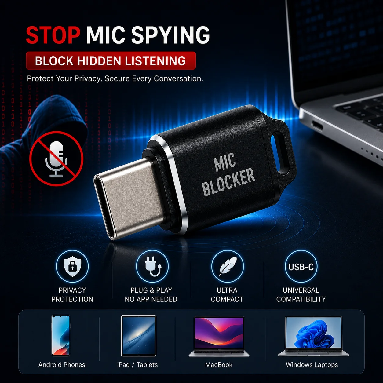 USB-C Mic Blocker Privacy Protection Audio Blocking Adapter For Phone Laptop Tablet Anti Recording Device