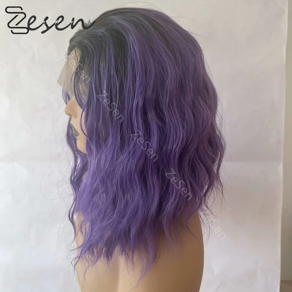 

Synthetic Wig Ombre Short Wavy Purple Lace Front Bob Wigs For Women Cosplay Colored Wig 180% Density Glueless Daily Wear