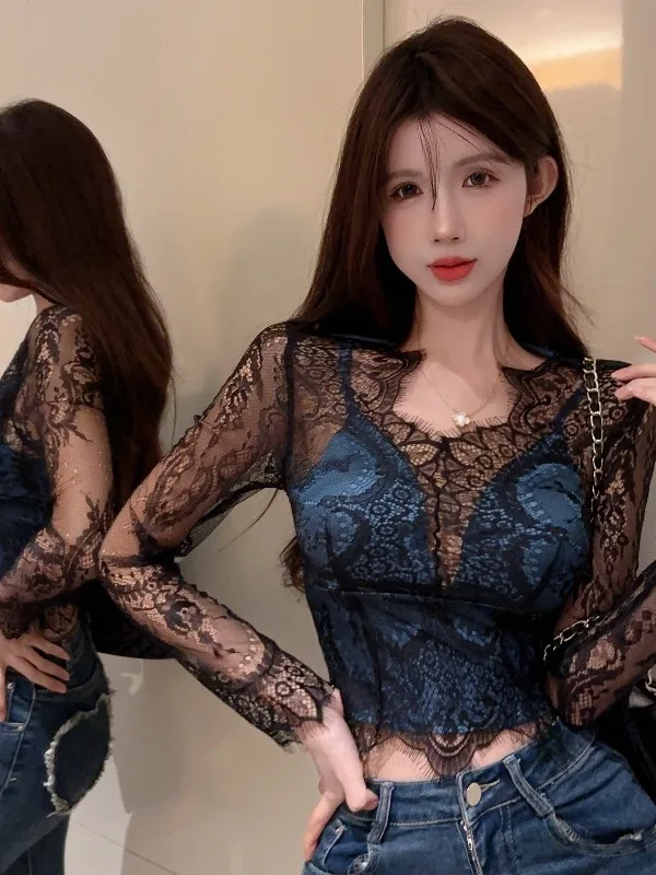 

Ele ort Lace Hollow out Long Sve Women's Top Design Sensation Autumn New Sle Faionable Fem Clothing