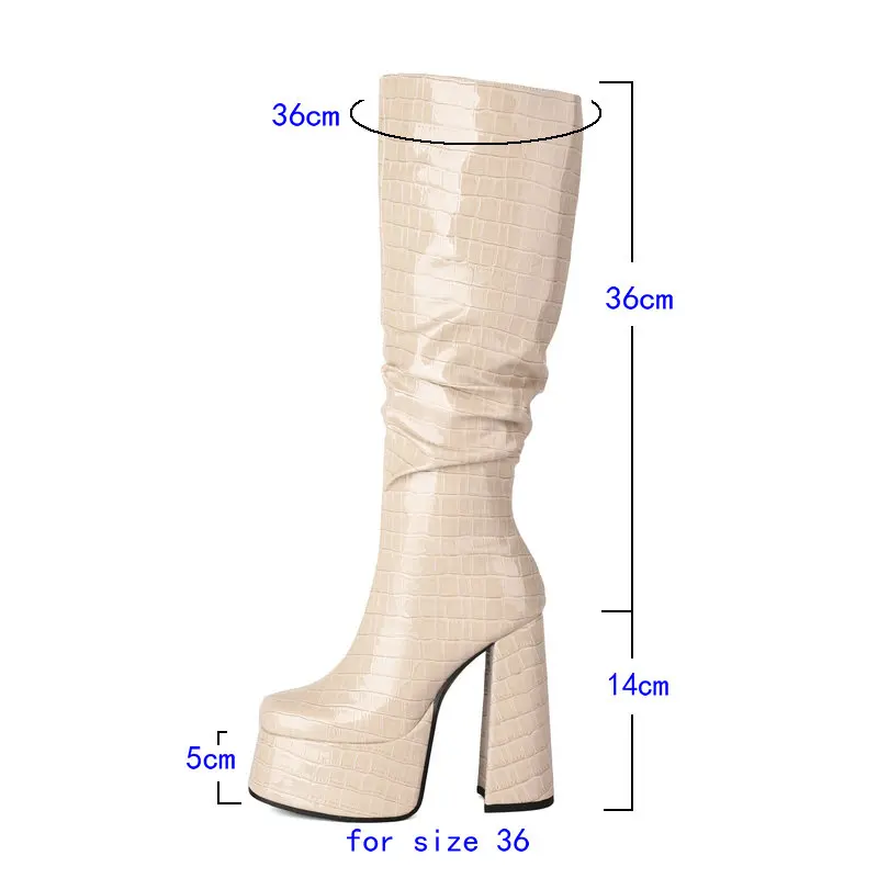 Silber Gold schwarz Frauen kniehohe Stiefel Plattform dicke High Heel Damen Waden stiefel Pu Leder quadratische Zehen Reiß verschluss Damen stiefel