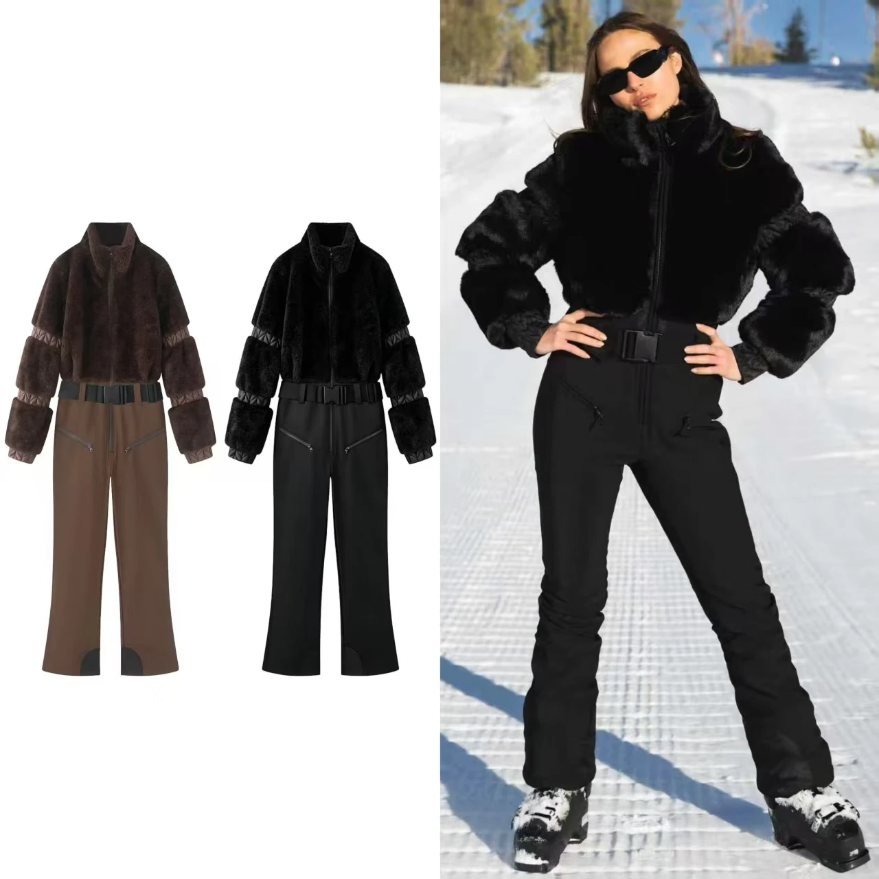 Guobioziy 2026 Fall New Arrival Women's Jumpsuit Faux Fur Patchwork European and American Thick Jumpsuit Ski Suit Warm Stylish