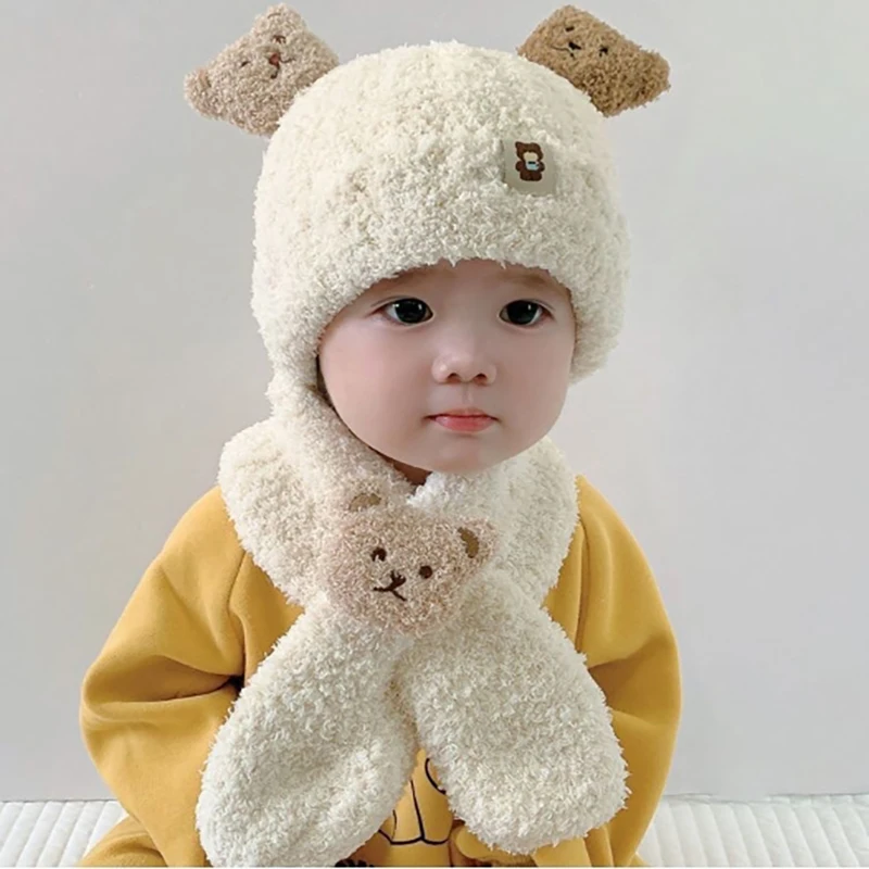 Warmes Babymütze- und Schal-Set, süßer Bär, verdickte Wintermütze für Jungen und Mädchen, winddichtes Fleece, Neugeborenen-Fotografie-Zubehör – Detail 5