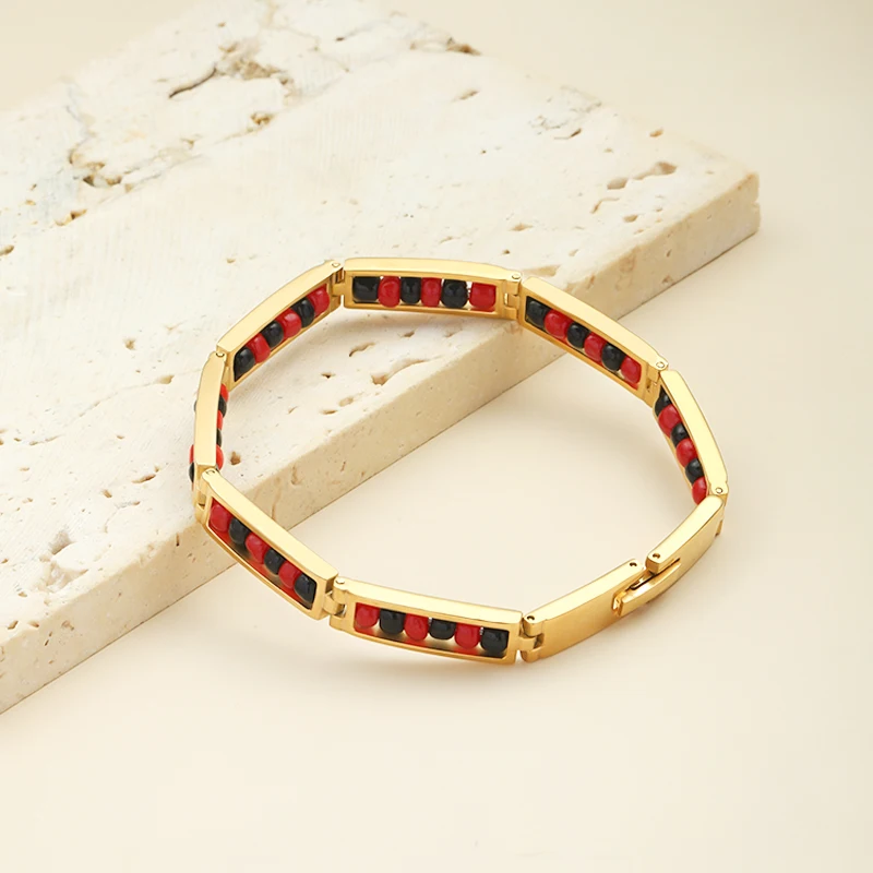 G&D 2023 New Exquisite Fashion Retro Arrival Stainless Steel Black And Red Color Bracelet Mix Beads Unisex Bangle For Women