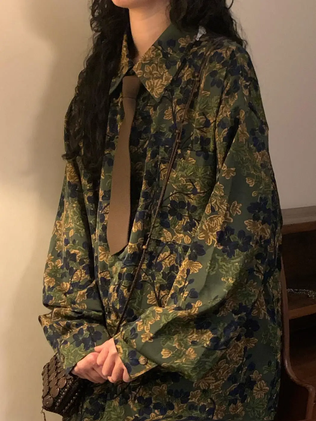 

Retro Japanese Sle Long Sve irt Lazy Sle Loose Casual ex Spring Autumn Floral Patterned Button up Coat