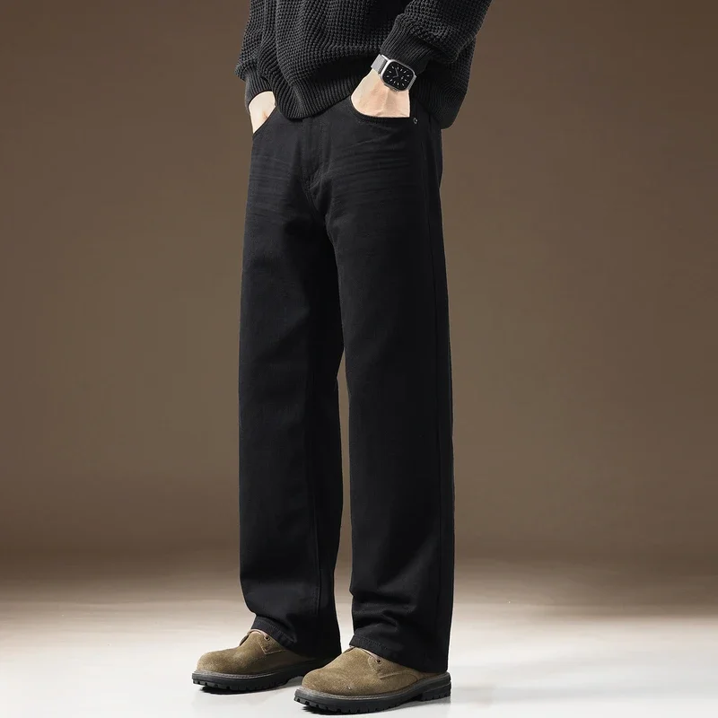 

High-End Men's Fce-Lined Casual Wide Leg Jeans Comfortable Straight Cut Loose Fit Denim Pants for Autumn Faion Urban Sle
