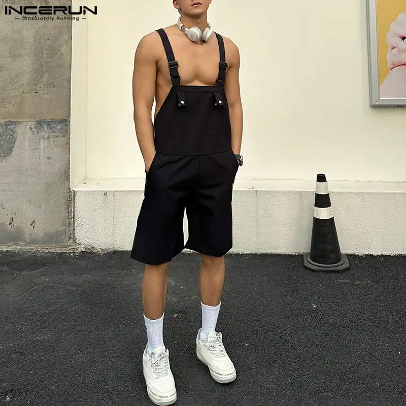 INCERUN-monos sin mangas de Color sólido para hombre, ropa de calle con bolsillos, monos con tirantes, pantalones cortos informales a la moda, 2023