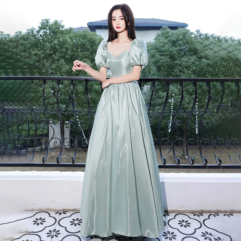 

New Arrival Strapless Satin Pleat Floor-Length Green Elegant A-Line Lace Up Short Sleeves Formal Dress Dress Woman Party A2834