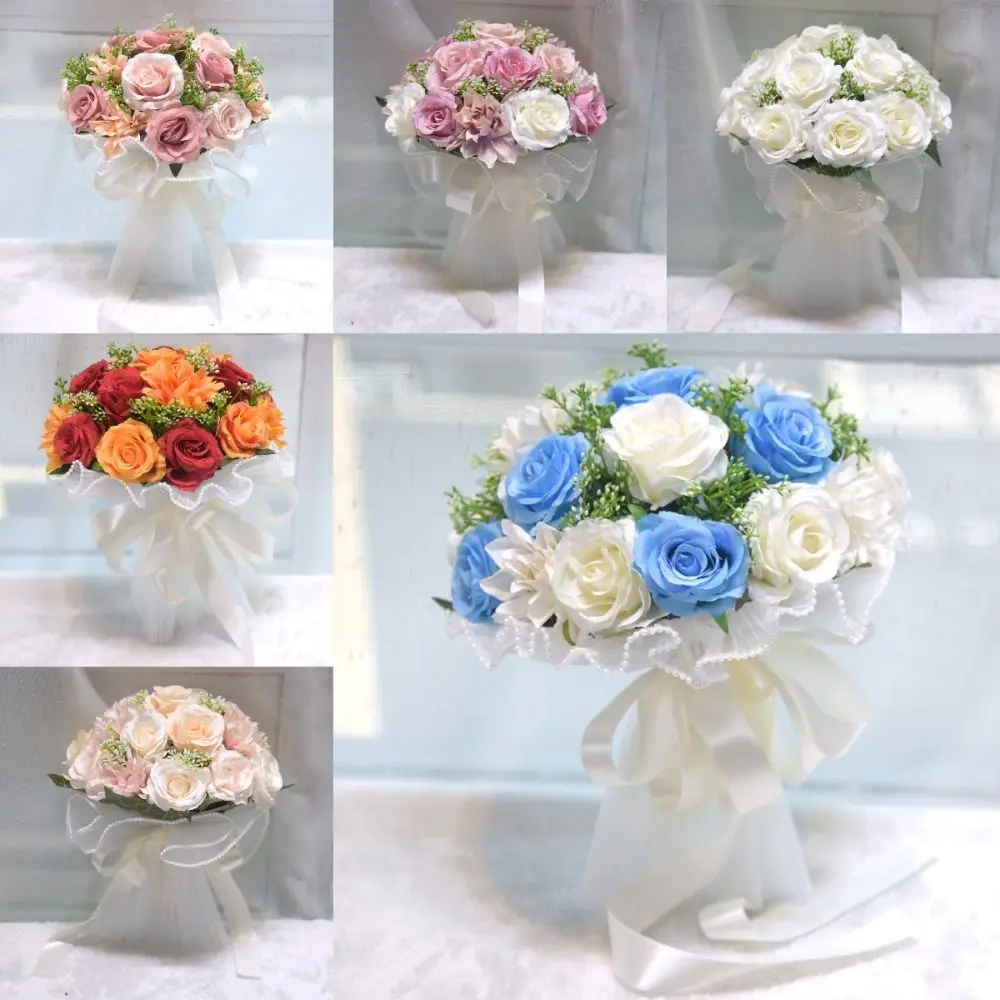 

Новые романтические свадебные букеты с жемчужным кружевом, сетчатый подарок, свадебный букет с шелковой лентой, букет искусственных цветов, свадебный декор