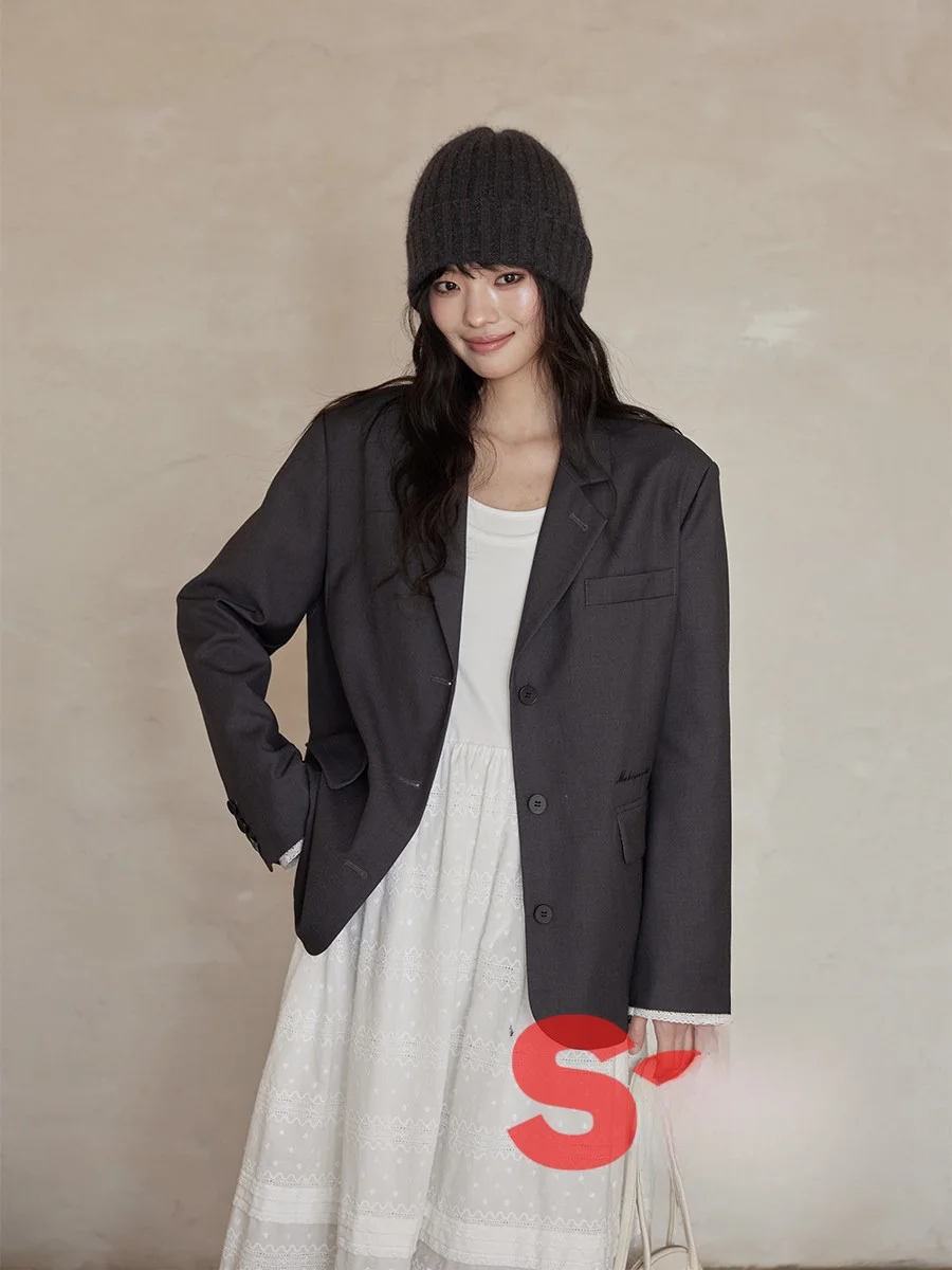 Elegant Korean Style Deep Grey Suit Jacket Spring Fashion High Quality Women's Casual Wear Long Sleeve Button up Coat