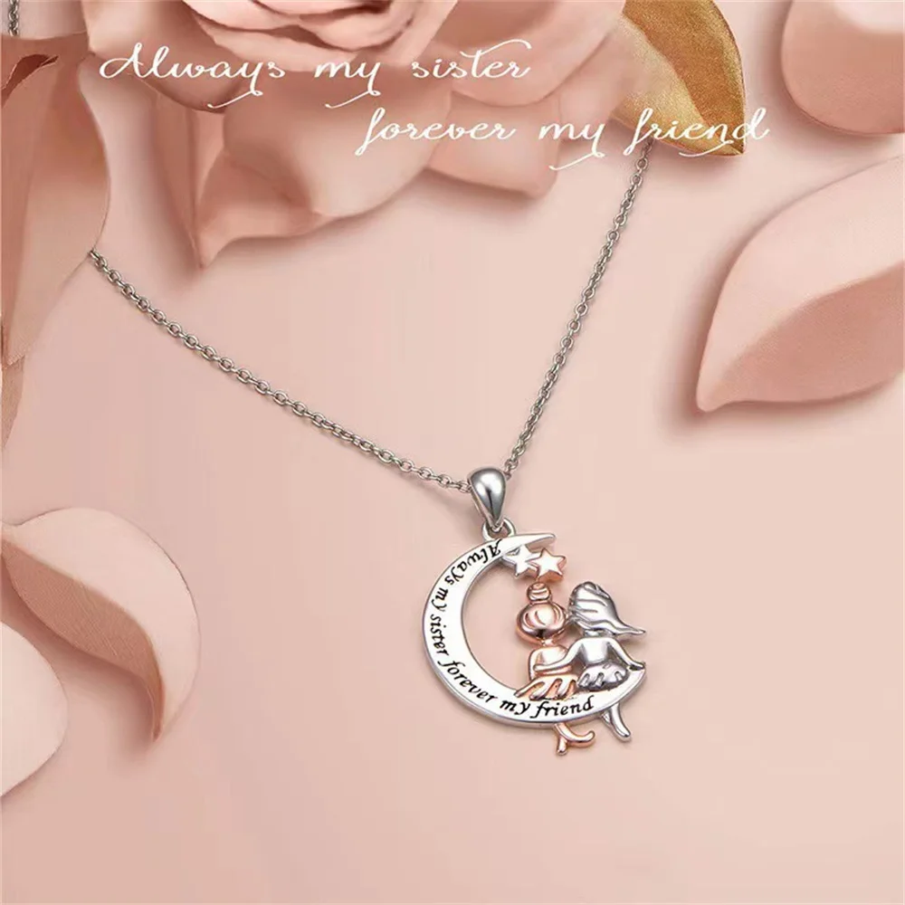 Fashion Girls on the Moon Pendant Necklace for Sisters Women Exquisite Moon Star Girls Clavicle Chain Gifts for Bestfriend Girl