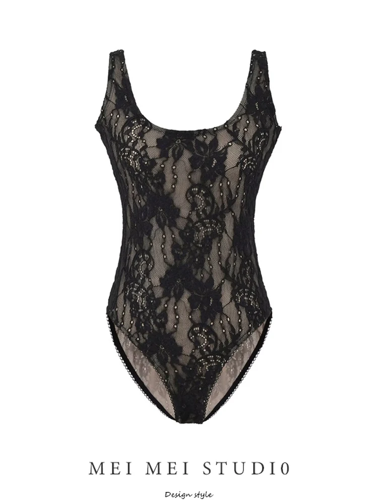 

Ретро-комбинезон с двойным кружевом и U-образным вырезом, женский, с завышенной талией, облегающий, прямого кроя, для повседневной носки