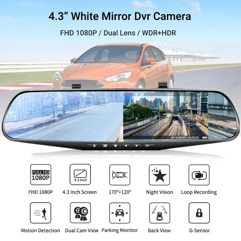 4.3 Inch Driving Recorder Car DVR Rearview Mirror Dual Lens Car Recorder 1080P IPS Front and Rear Camera Registrar Black Box2023