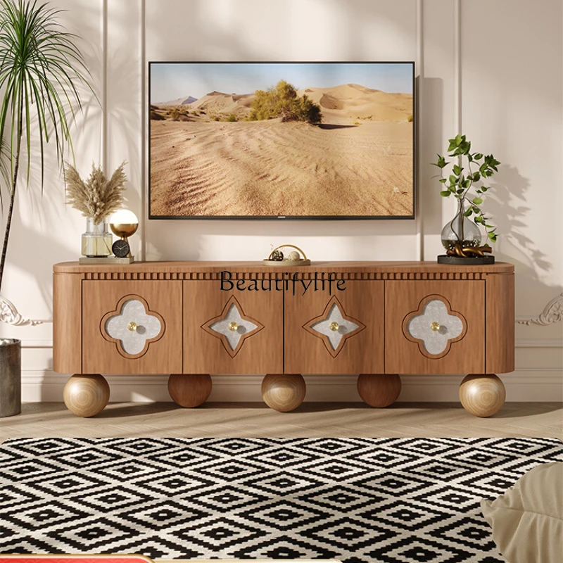 Nordic Antique TV Cabinet Living Room Villa Affordable Luxury Style Solid Wood Shell Decorative Floor Cabinet