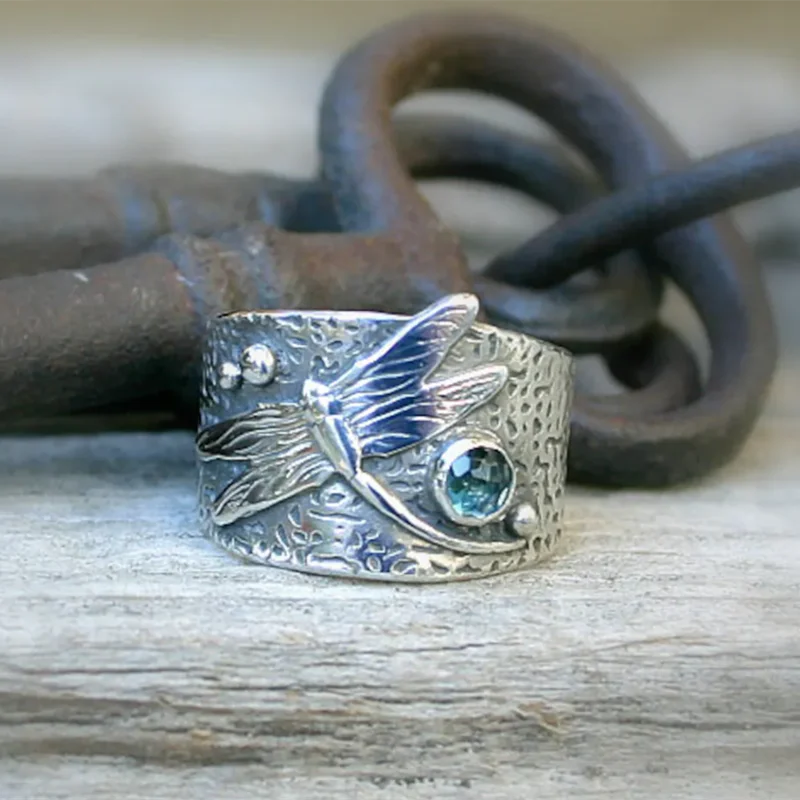 

Vintage Silver Color Hand Carved Dragonfly Ring Boho Ladies Inlaid Blue Ston Silver Color Ring