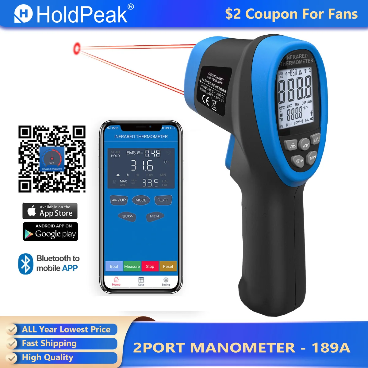 

Pyrometer 30:1 Non-Contact High Temp Thermometer Gun-58℉ to 2732℉ IR Thermometer with Phone APP for Pizza ovens, Kiln