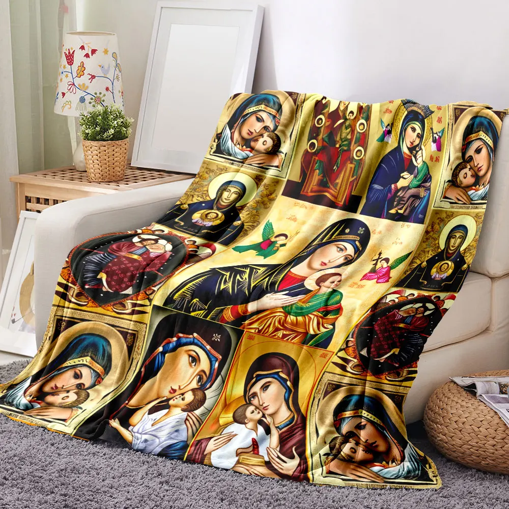 Orthodox Religious Icons Blanket - 9 Traditional Icons of Virgin Mary & Jesus, Gold/Fantasy Tones, Ornate Patterns, Perfect for