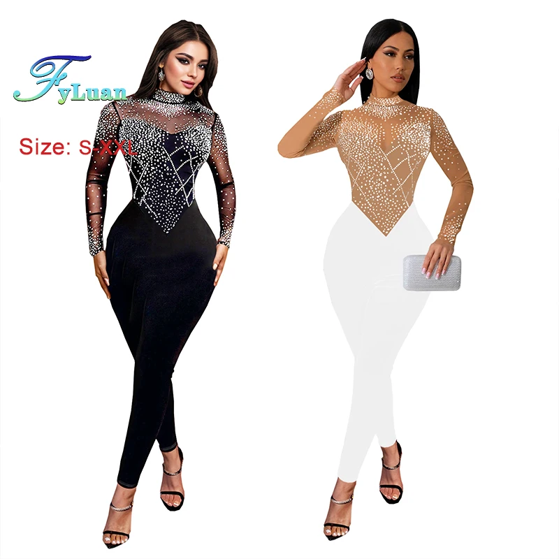 مجموعة شبكية شفافة مرصعة بالألماس بذلة نسائية بأكمام طويلة وسراويل ضيقة مرصعة بأحجار الراين وحفلات الكوكتيل والعطلات #4