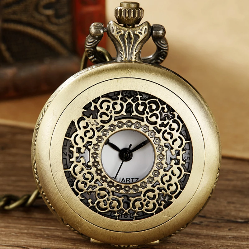 Circle Hollow Flower Carving Quartz Pocket Watch para homens e mulheres, Relógio pingente vintage com colar de corrente