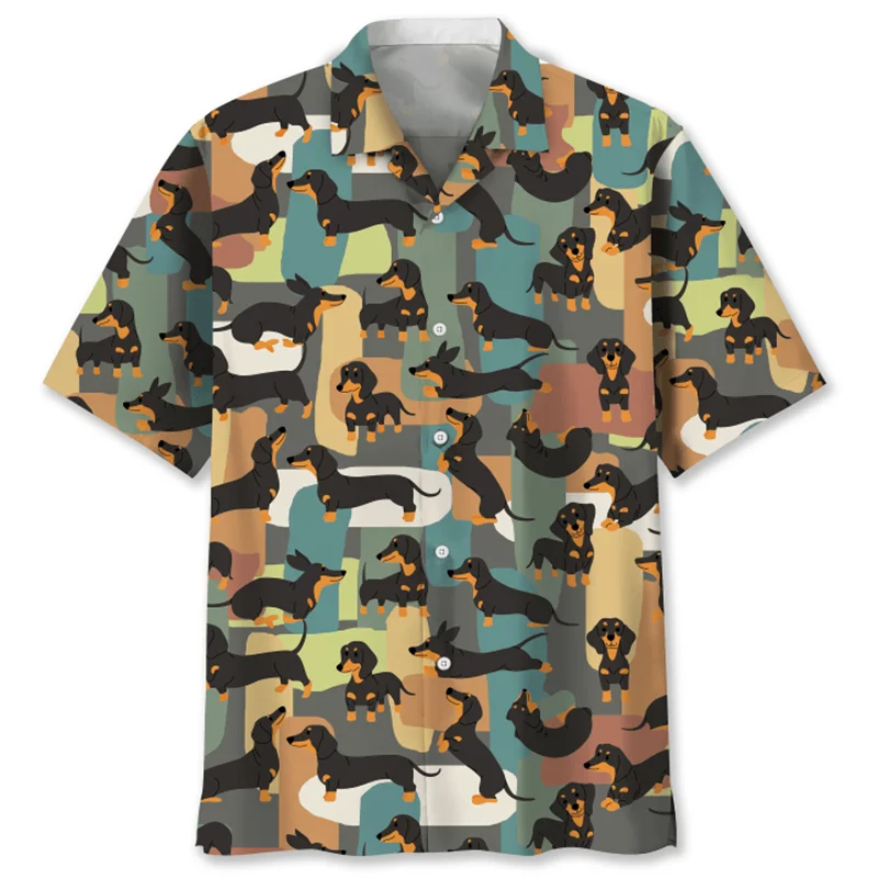 Cartoon Dachshund Dog 3d Printed Shirt For Men Animal Pets Graphics Short Sleeves Hawaiian Shirts Tops Loose Lapel Blouse